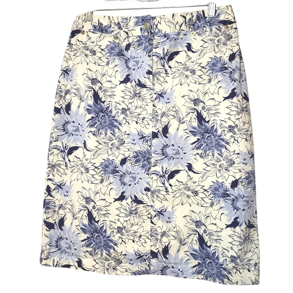 Pendleton Blue & Cream Floral Denim Pencil Skirt Size 8 Cottagecore‎ Modest Cute